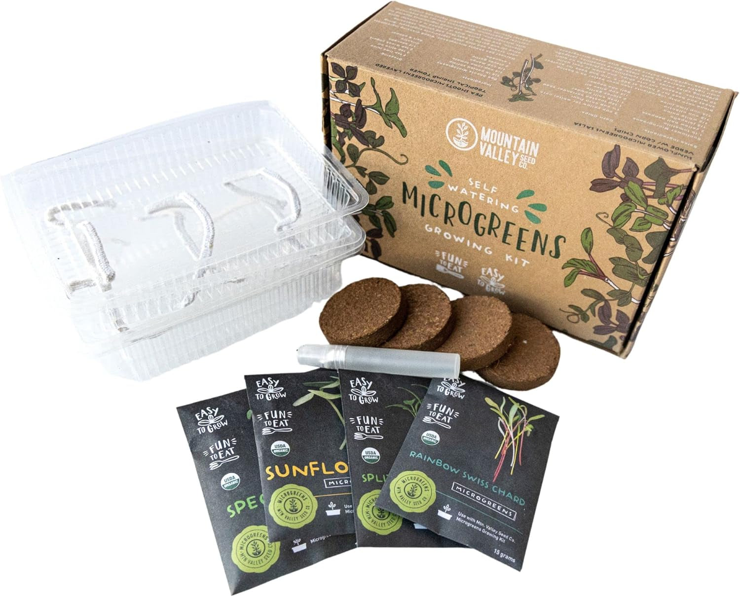 Self-Watering Indoor Microgreens Kit – Complete Soil-Based Growing Set for Vegetable and Herb Microgreens – Includes Black Sunflower, Pea Shoots, Swiss Chard, and Cilantro Seeds